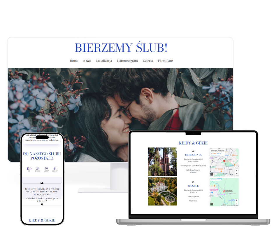 Strona ślubna szablonu Elegance przedstawiona w 3 rozdzielczościach