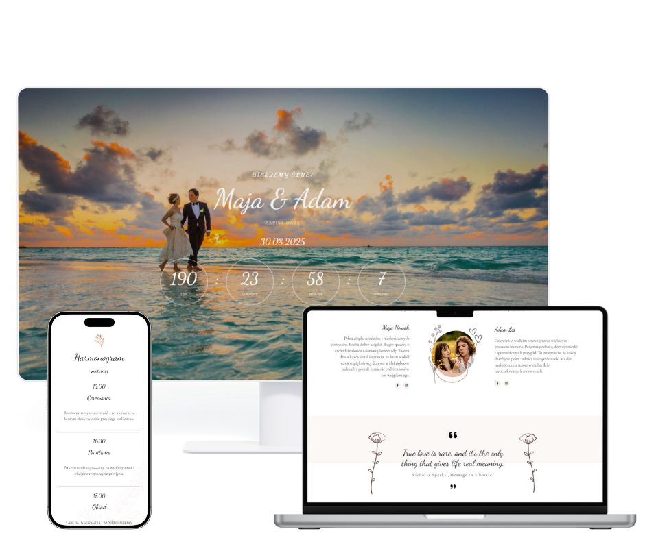 Strona ślubna szablonu Boho przedstawiona w 3 rozdzielczościach