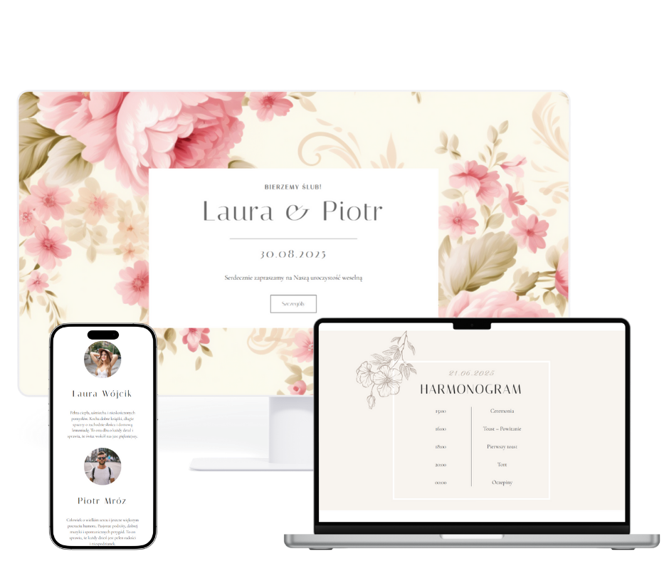 Strona ślubna szablonu Botanic przedstawiona w 3 rozdzielczościach