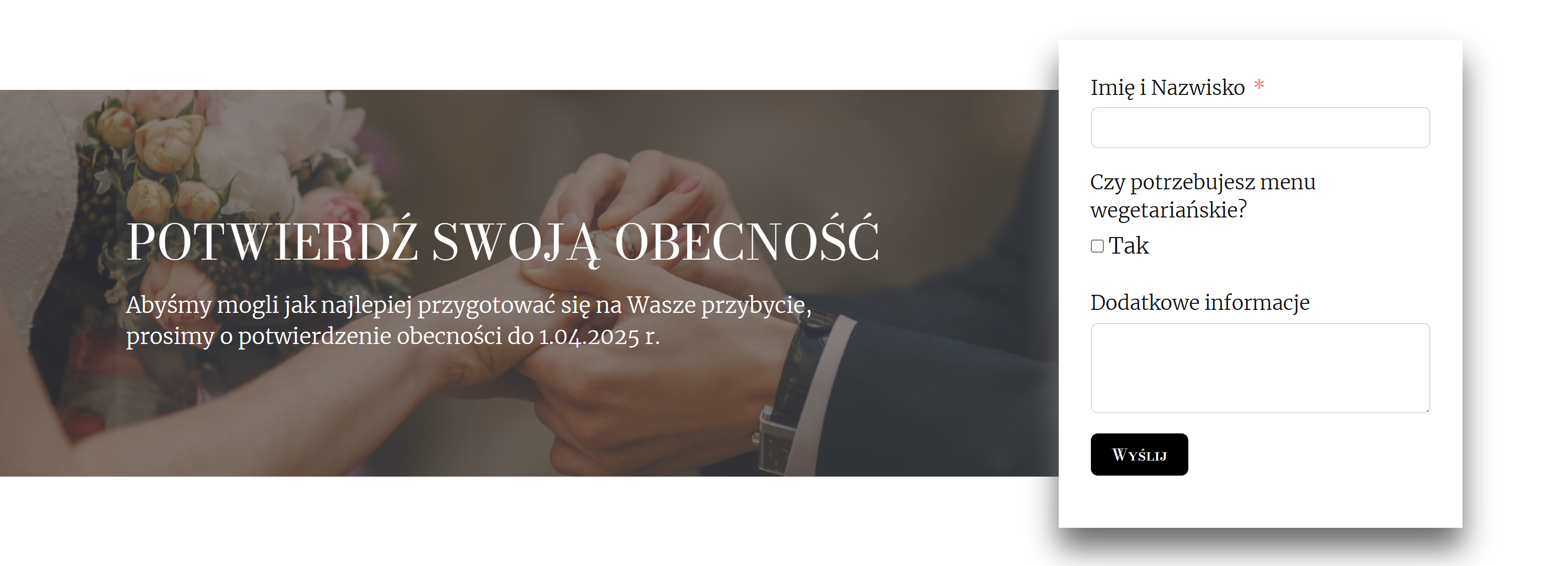 Po lewej nagłówek Potwierdź obecność a po prawej formularz dla gościa